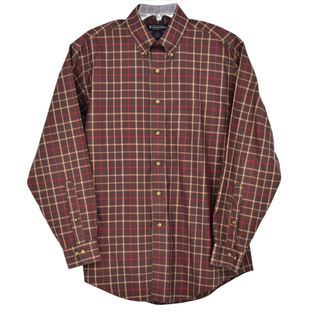 Brooks Brothers Men's Medium Plaid Button Down Non-Iron 100% Cotton Shirt Brown
